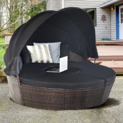 Rattan Sonneninsel mit faltbarem Sonnendach Sonnenliege Ø185 x 142 cm Braun + Schwarz