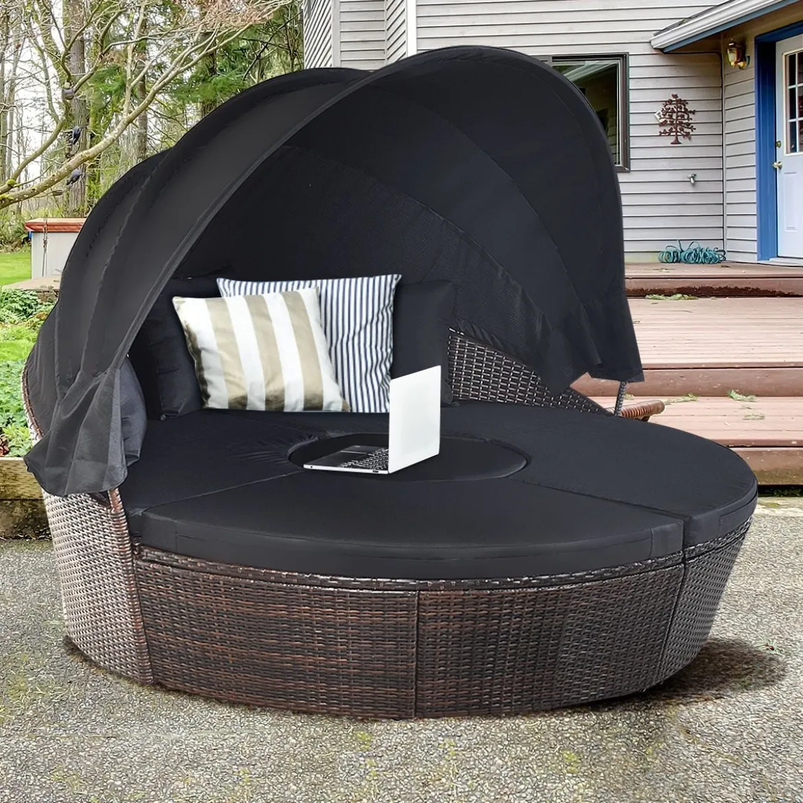 Rattan Sonneninsel mit faltbarem Sonnendach Sonnenliege Ø185 x 142 cm Braun + Schwarz