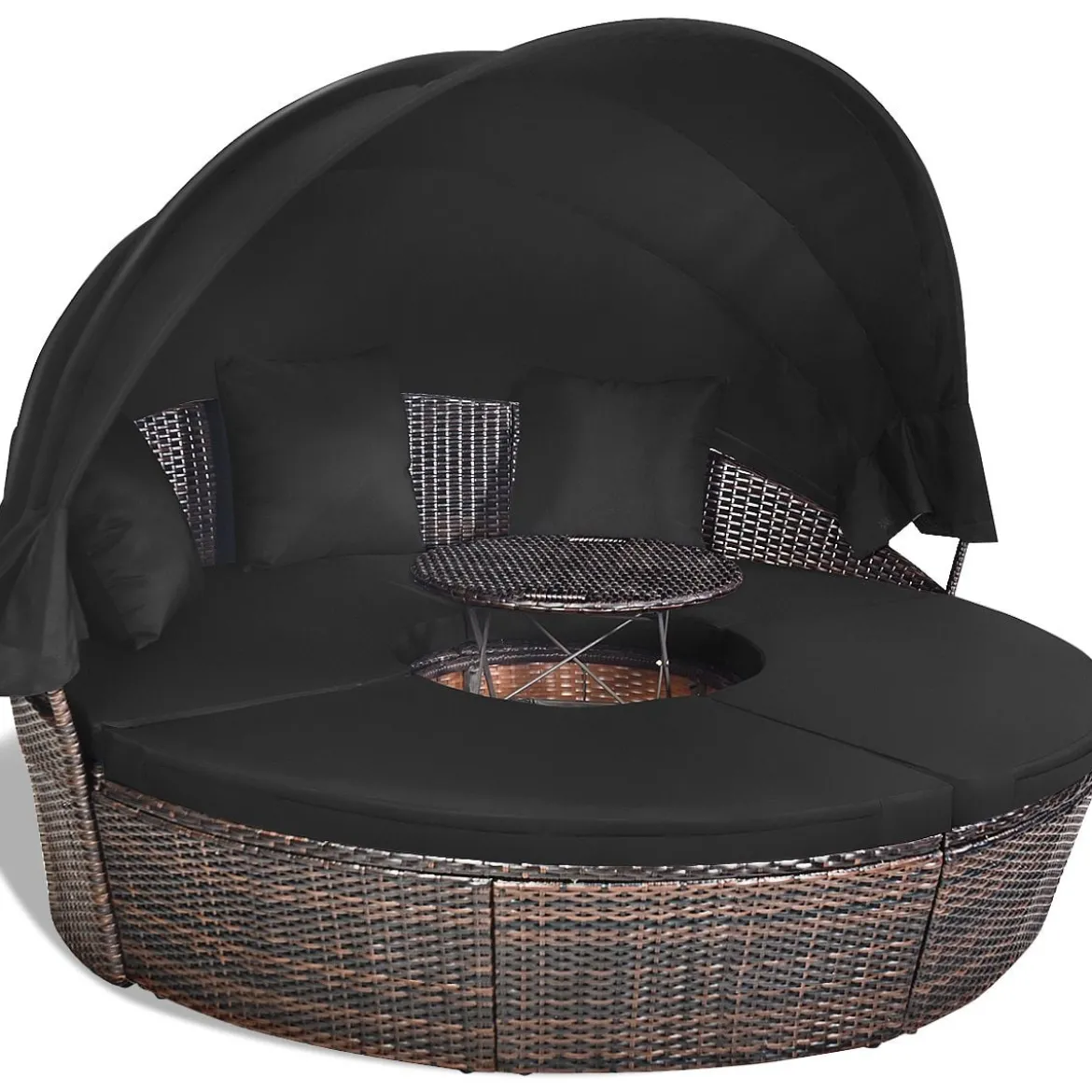 Rattan Sonneninsel mit faltbarem Sonnendach Sonnenliege Ø185 x 142 cm Braun + Schwarz