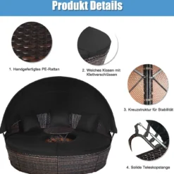Rattan Sonneninsel mit faltbarem Sonnendach Sonnenliege Ø185 x 142 cm Braun + Schwarz