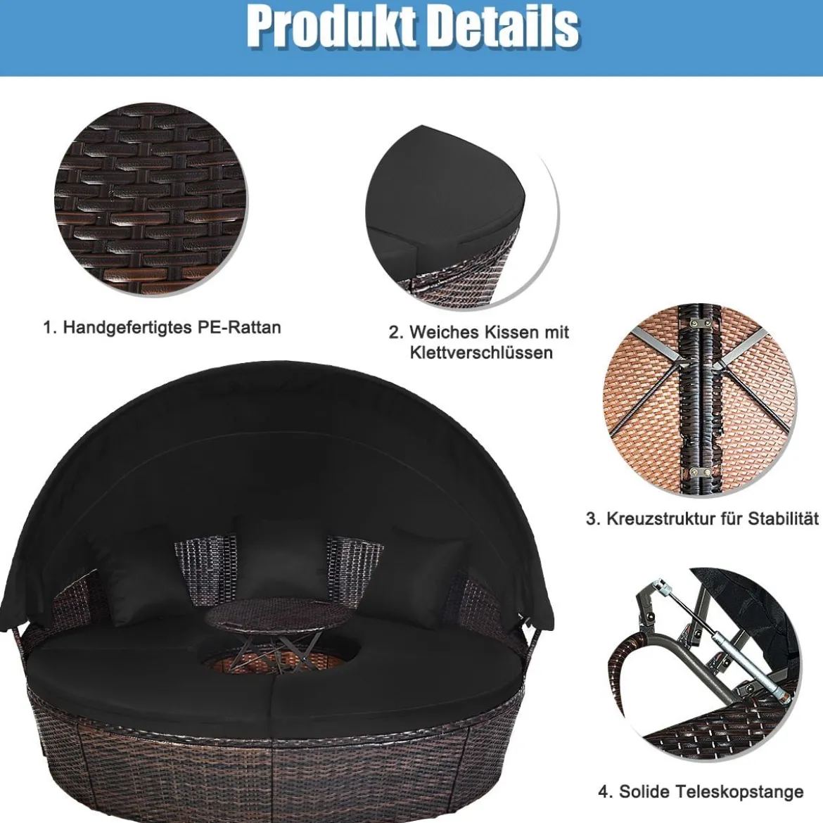 Rattan Sonneninsel mit faltbarem Sonnendach Sonnenliege Ø185 x 142 cm Braun + Schwarz