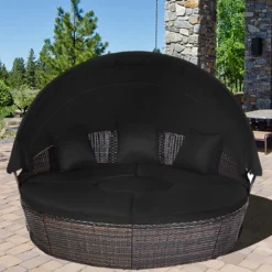 Rattan Sonneninsel mit faltbarem Sonnendach Sonnenliege Ø185 x 142 cm Braun + Schwarz