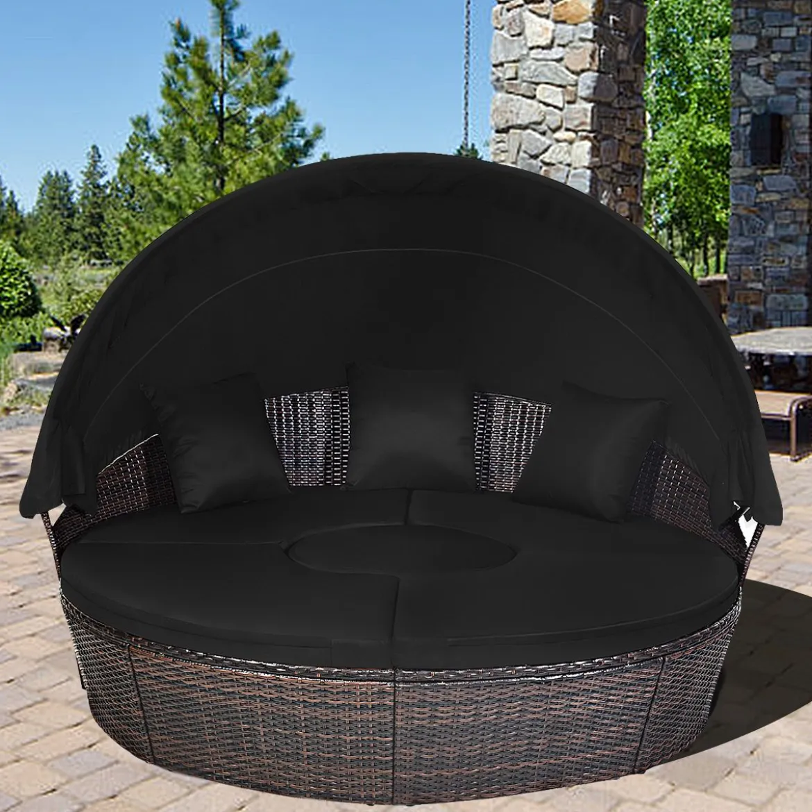 Rattan Sonneninsel mit faltbarem Sonnendach Sonnenliege Ø185 x 142 cm Braun + Schwarz