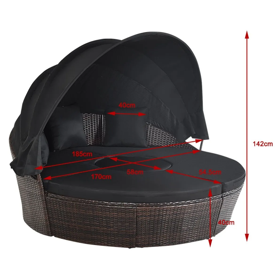 Rattan Sonneninsel mit faltbarem Sonnendach Sonnenliege Ø185 x 142 cm Braun + Schwarz