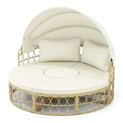 Rattan Sonneninsel Rundes Tagesbett mit Beistelltisch einziehbarem Baldachin und Kissen