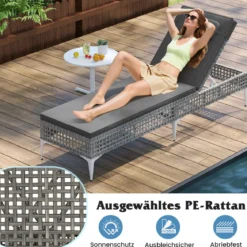 Rattan Sonnenliege Gartenliege mit Auflage & Kopfstütze & Verstellbarer Rückenlehne Balkonliege