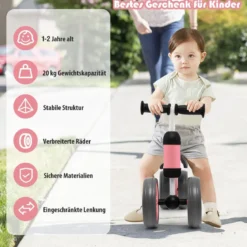 4 Räder Kinder Laufrad Balance Fahrrad ohne Pedal für Kinder von 1-2 Jahre Rosa