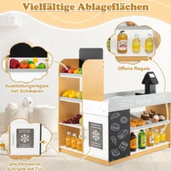 Realistischer Kindersupermarkt mit Einkaufswagen Holz Lebensmittelladen für Kinder ab 3 Jahren