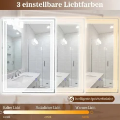 Rechteckiger Badspiegel mit LED Beleuchtung & Anti-Beschlag & Memory-Funktion Wandspiegel 70 x 50 cm