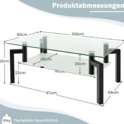 Rechteckiger Couchtisch aus Glas 2-Stufiger Moderner Kaffeetisch