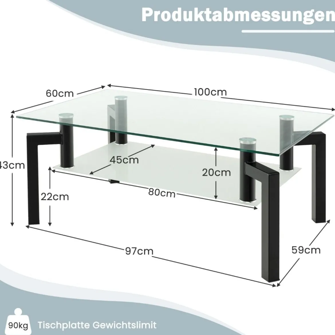 Rechteckiger Couchtisch aus Glas 2-Stufiger Moderner Kaffeetisch