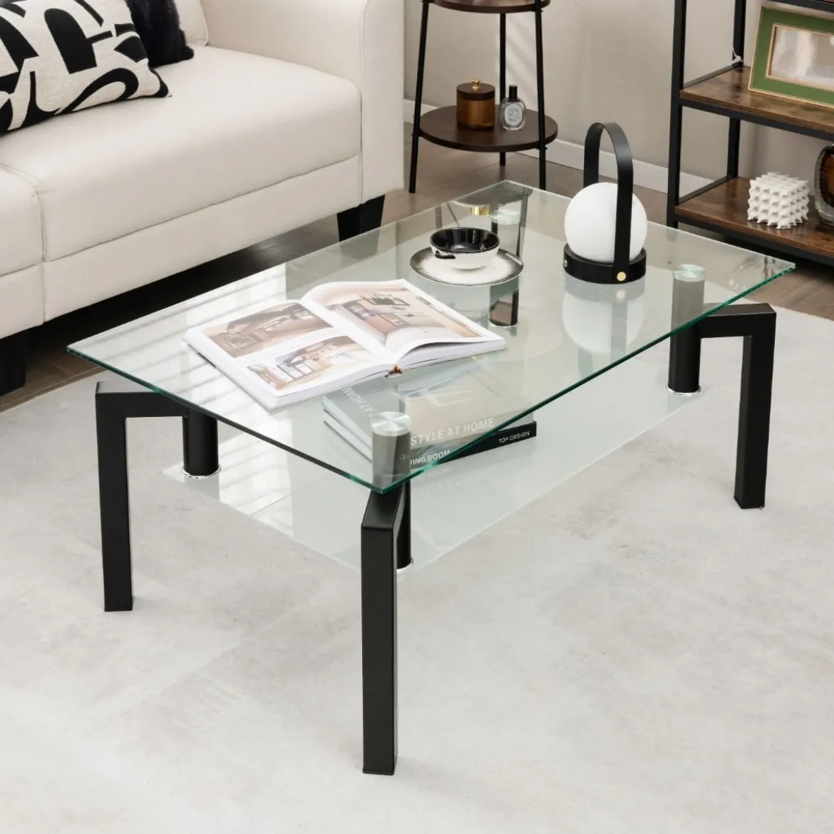 Rechteckiger Couchtisch aus Glas 2-Stufiger Moderner Kaffeetisch