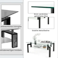 Rechteckiger Couchtisch aus Glas 2-Stufiger Moderner Kaffeetisch