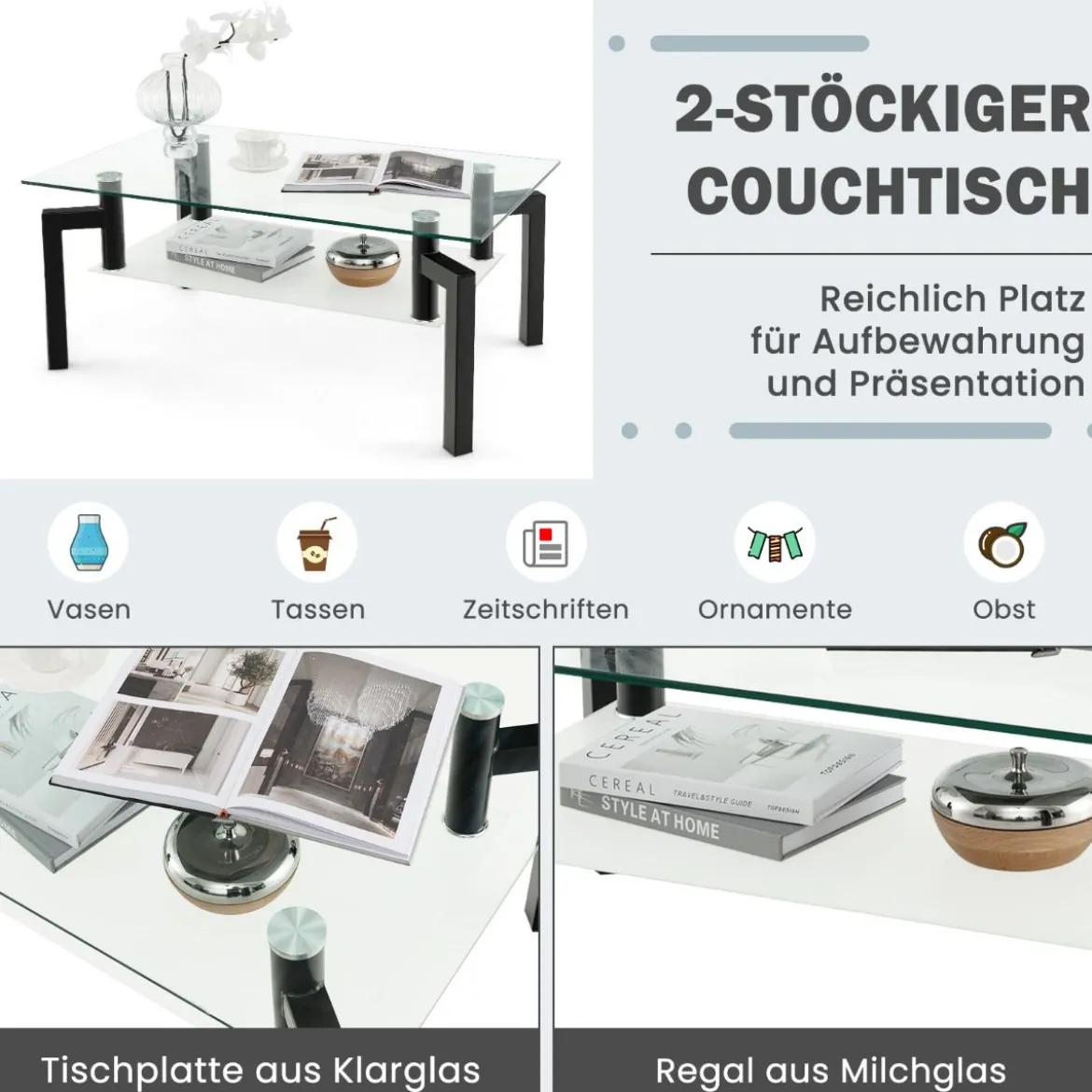 Rechteckiger Couchtisch aus Glas 2-Stufiger Moderner Kaffeetisch