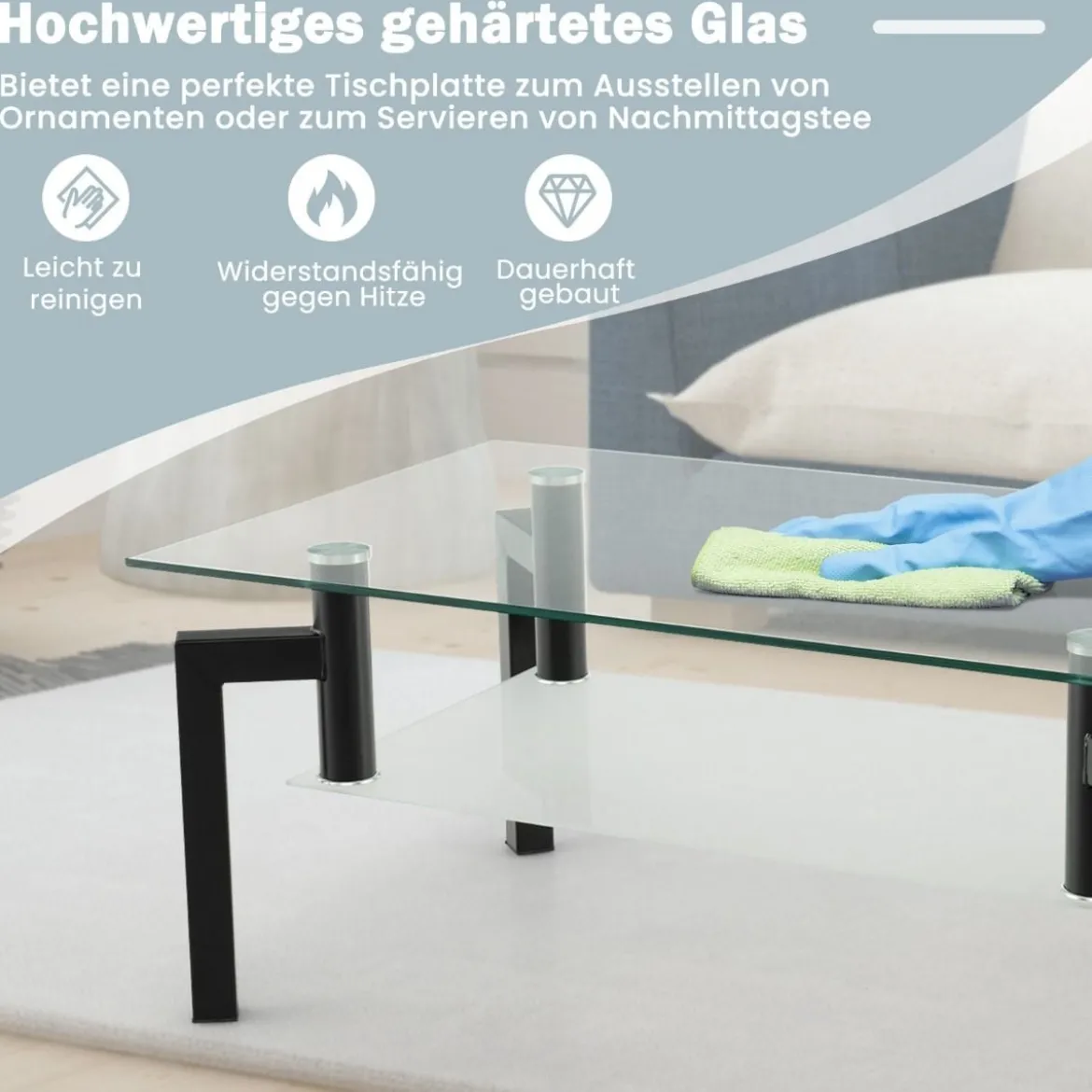 Rechteckiger Couchtisch aus Glas 2-Stufiger Moderner Kaffeetisch