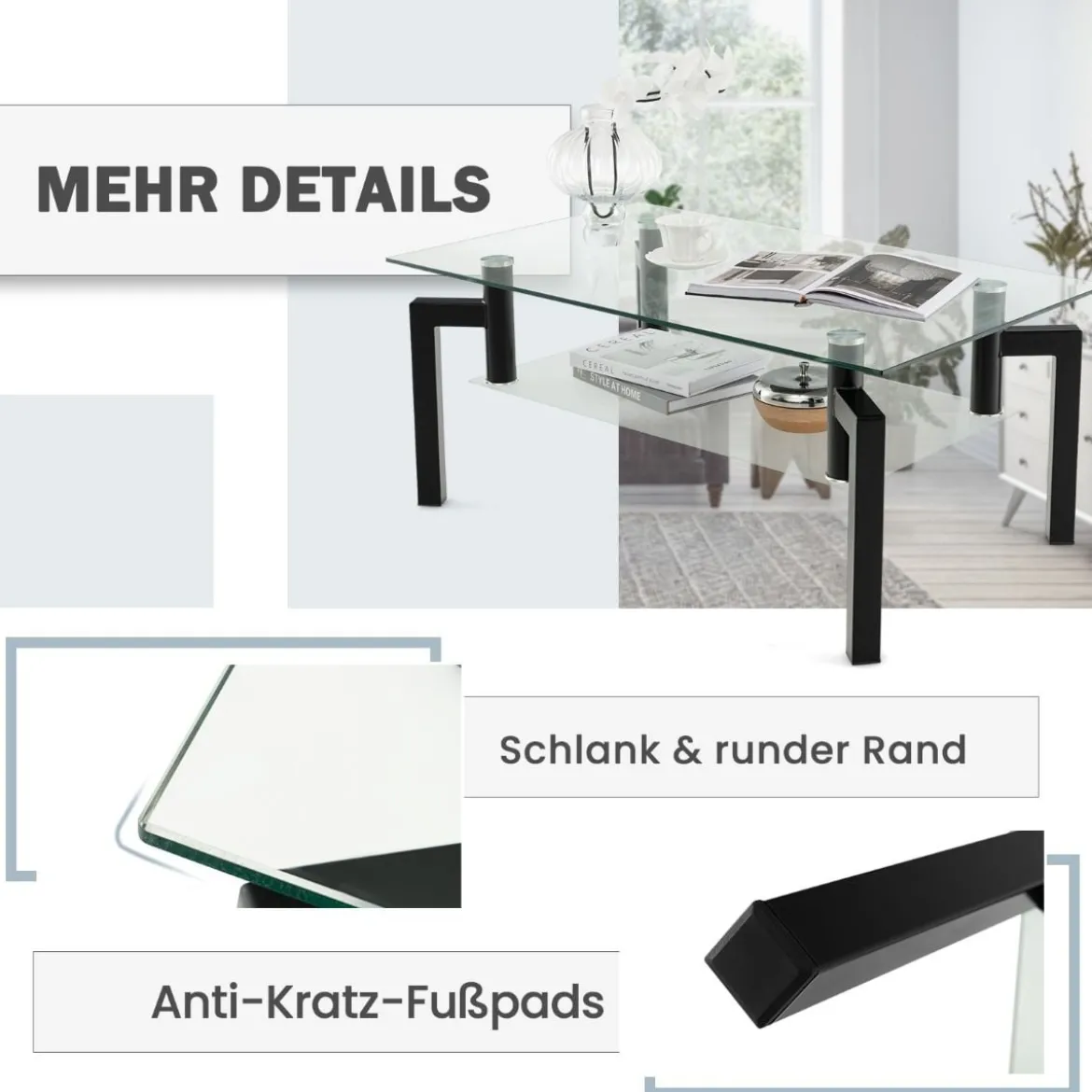 Rechteckiger Couchtisch aus Glas 2-Stufiger Moderner Kaffeetisch