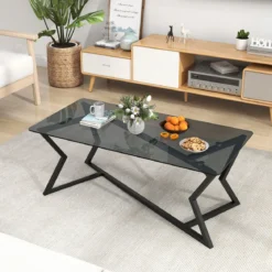 Rechteckiger Couchtisch mit Gehärteter Glasplatte & Geometrischem Metallgestell Moderner Glastisch