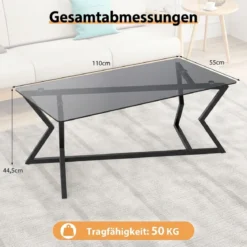 Rechteckiger Couchtisch mit Gehärteter Glasplatte & Geometrischem Metallgestell Moderner Glastisch