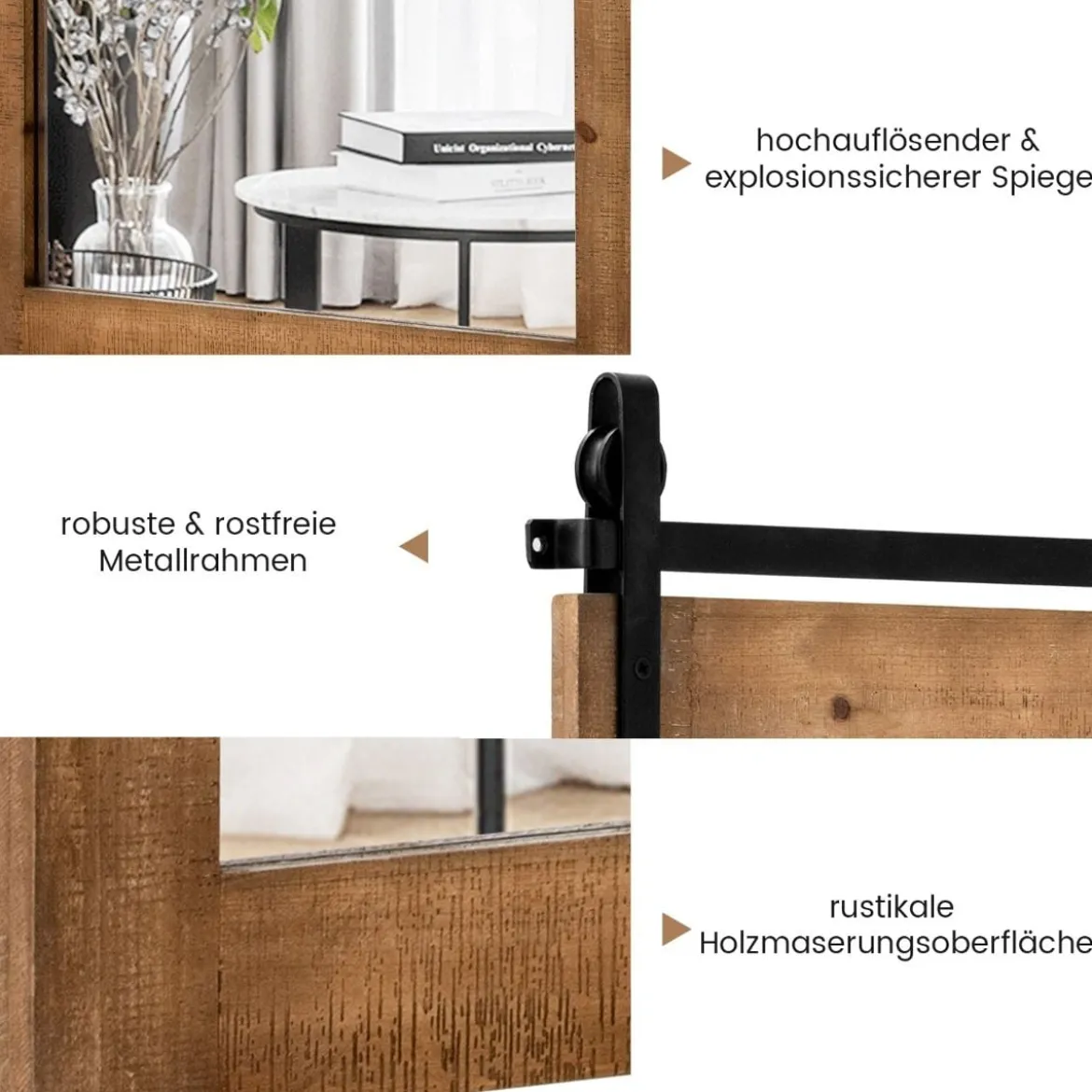Rechteckiger Spiegel mit Holzrahmen Rustikaler Wandspiegel Unbrechbarer Hängespiegel