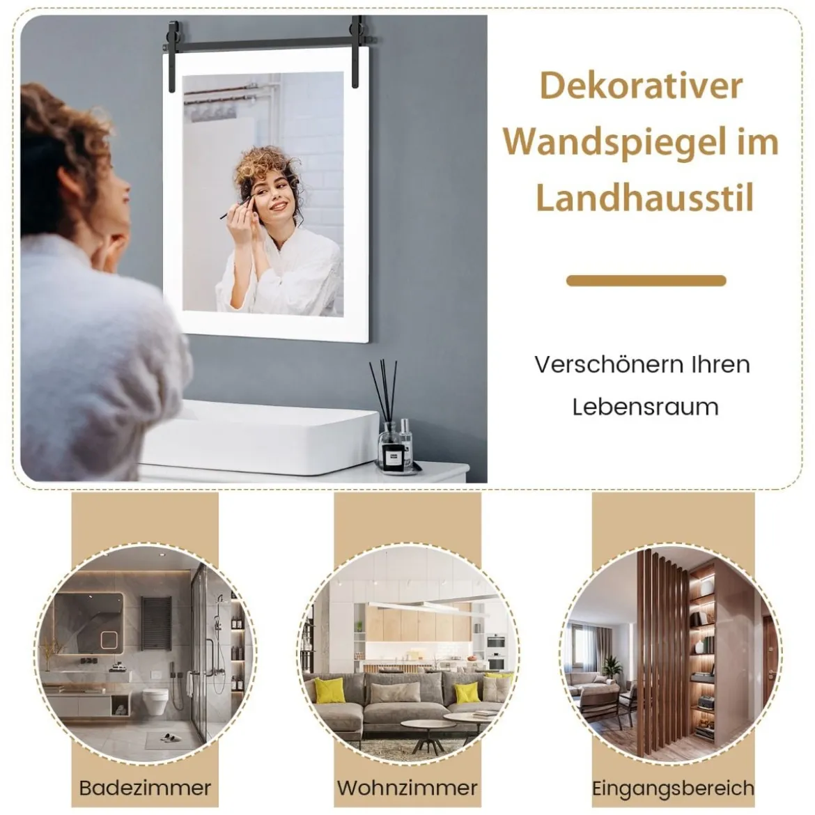 Rechteckiger Spiegel mit Holzrahmen Rustikaler Wandspiegel Unbrechbarer Hängespiegel