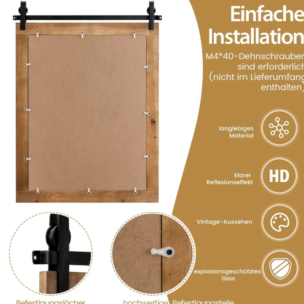 Rechteckiger Spiegel mit Holzrahmen Rustikaler Wandspiegel Unbrechbarer Hängespiegel