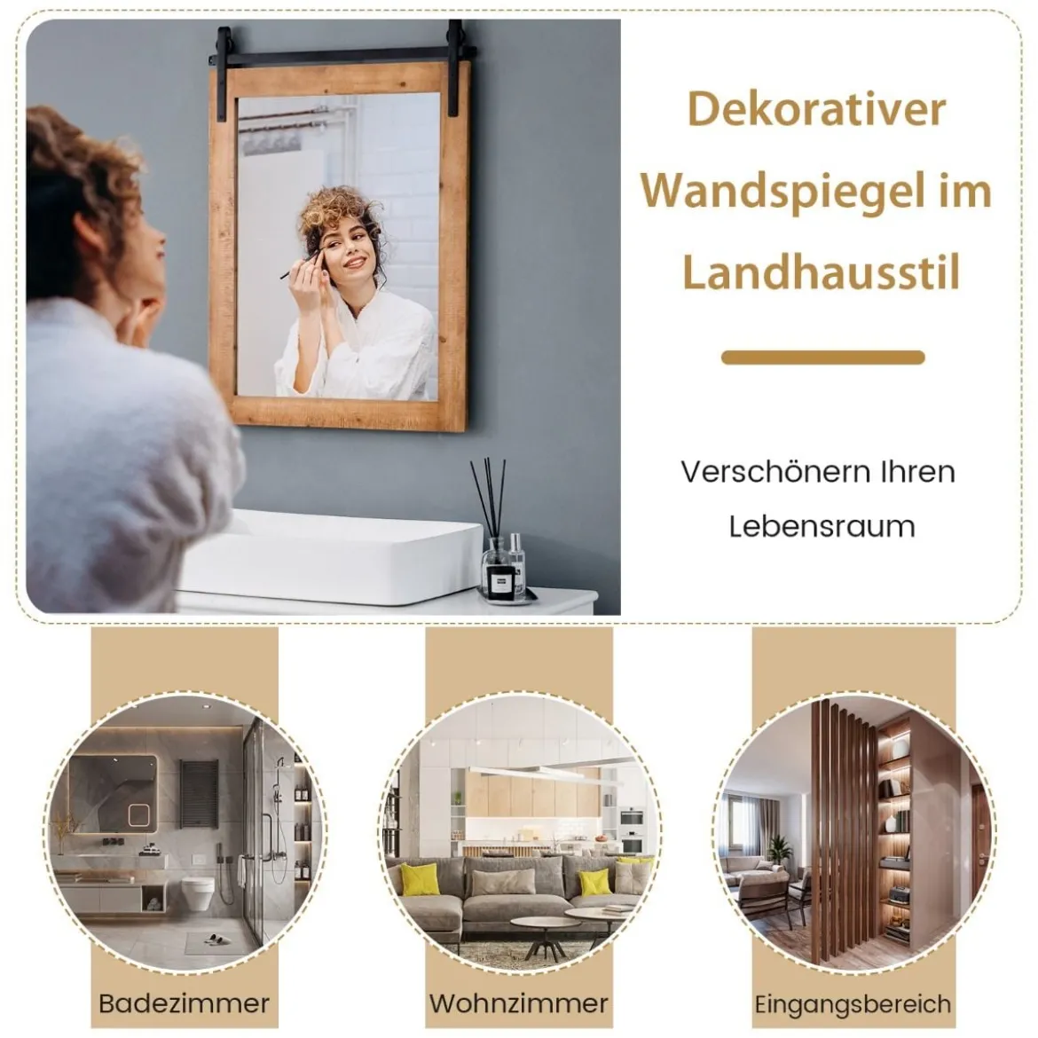 Rechteckiger Spiegel mit Holzrahmen Rustikaler Wandspiegel Unbrechbarer Hängespiegel