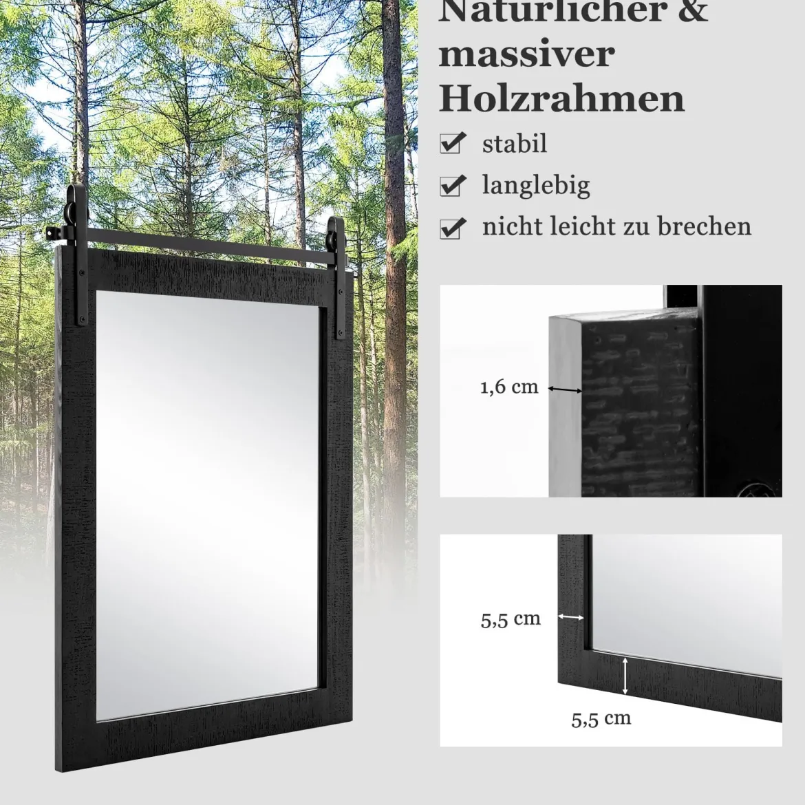 Rechteckiger Spiegel mit Holzrahmen Rustikaler Wandspiegel Unbrechbarer Hängespiegel