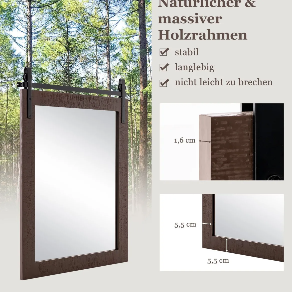 Rechteckiger Spiegel mit Holzrahmen Rustikaler Wandspiegel Unbrechbarer Hängespiegel