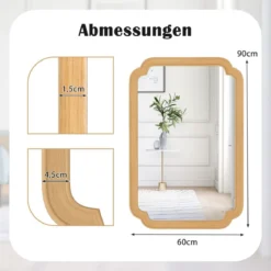 Rechteckiger Spiegel mit Holzrahmen 90 x 60 cm Wandspiegel im Bauernhaus Hängespiegel dekorativ Spiegel groß für Wohnzimmer