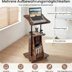 Rednerpult Höhenverstellbar Stehpult mit Rollen & Kippbarem Tisch Mobiler Stehschreibtisch