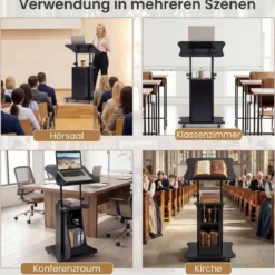 Rednerpult Höhenverstellbar Stehpult mit Rollen & Kippbarem Tisch Mobiler Stehschreibtisch