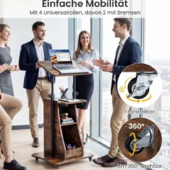 Rednerpult Höhenverstellbar Stehpult mit Rollen & Kippbarem Tisch Mobiler Stehschreibtisch