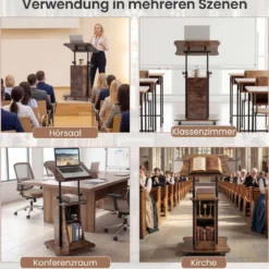 Rednerpult Höhenverstellbar Stehpult mit Rollen & Kippbarem Tisch Mobiler Stehschreibtisch