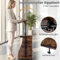 Rednerpult Höhenverstellbar Stehpult mit Rollen & Kippbarem Tisch Mobiler Stehschreibtisch