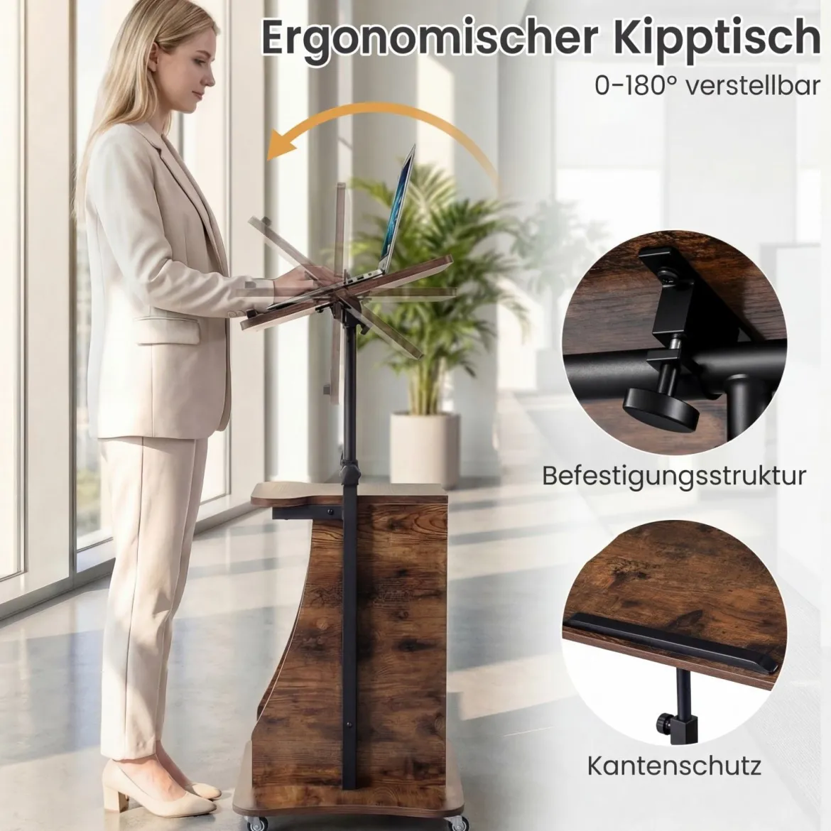 Rednerpult Höhenverstellbar Stehpult mit Rollen & Kippbarem Tisch Mobiler Stehschreibtisch
