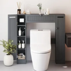Regal über der Toilette freistehender Badezimmerschrank mit verstellbaren Regalen Toilettenpapierhalter Grau