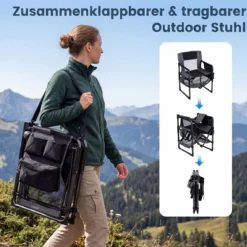 Regiestuhl Klappbar Campingstuhl mit Mesh-Ablage Getränkehalter & Flaschenöffner bis 150 kg Belastbar Schwarz