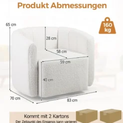 Relaxsessel Drehsessel mit breiter Sitzfläche & 360° drehbarem Metallfuß 83 x 70 x 65 cm Weiß