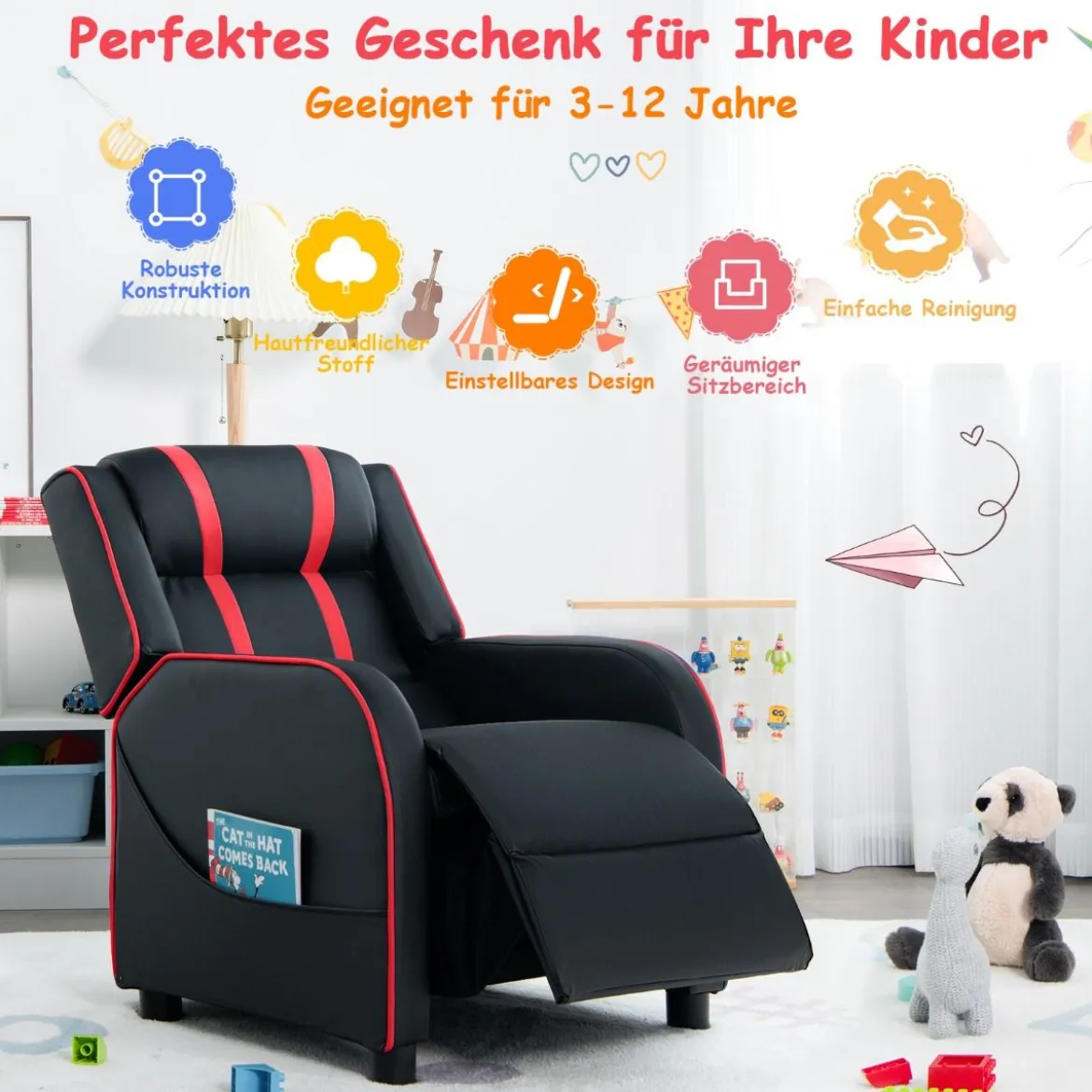 Relax-Sessel mit Seitentaschen Ergonomisches Kunstledersofa 69 x 53 x 74 cm Schwarz + Rot