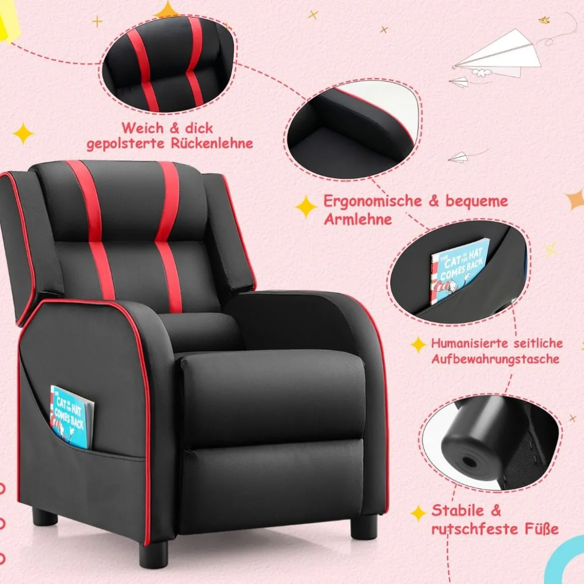 Relax-Sessel mit Seitentaschen Ergonomisches Kunstledersofa 69 x 53 x 74 cm Schwarz + Rot