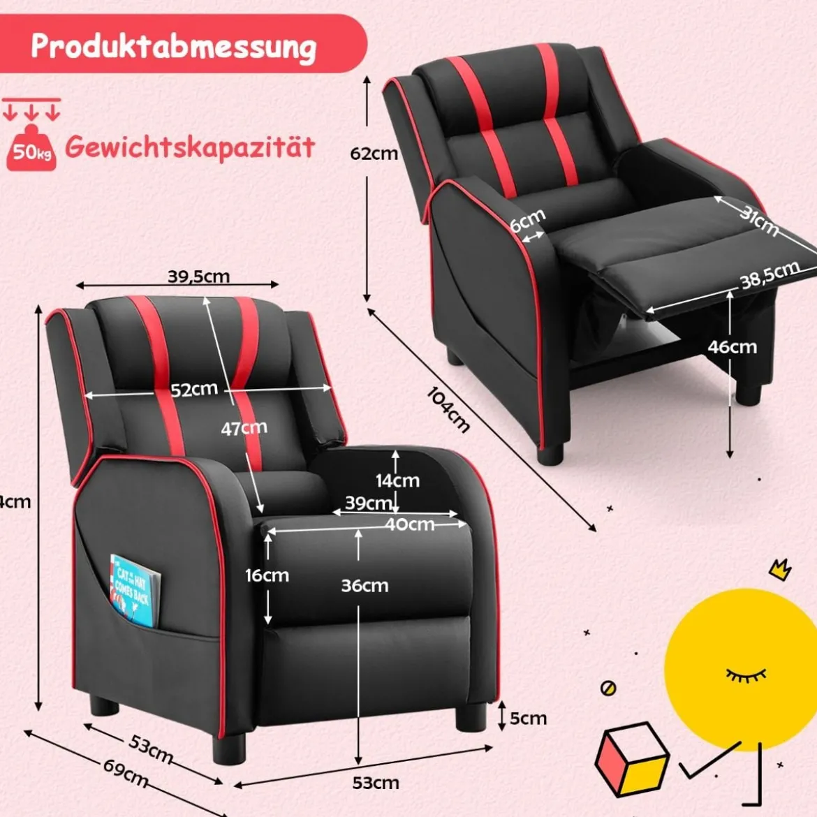 Relax-Sessel mit Seitentaschen Ergonomisches Kunstledersofa 69 x 53 x 74 cm Schwarz + Rot