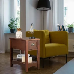 Retro Beistelltisch mit Schublade & Ablage Gummiholzbeine für Wohnzimmer & Schlafzimmer Rotbraun