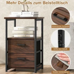 Retro-Nachttisch mit 2 Stoffschubladen Beistelltisch Industrie Design 34 x 30 x 58 cm Walnuss + Schwarz