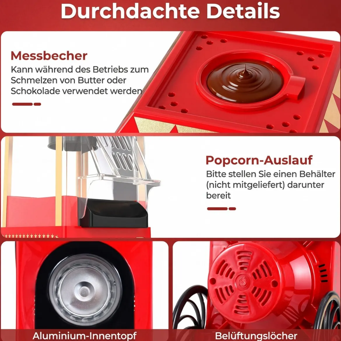 Retro Popcornmaschine 1200W Heißluft Popcorn Maker mit 67 ml Messbecher Ohne Öl Rot