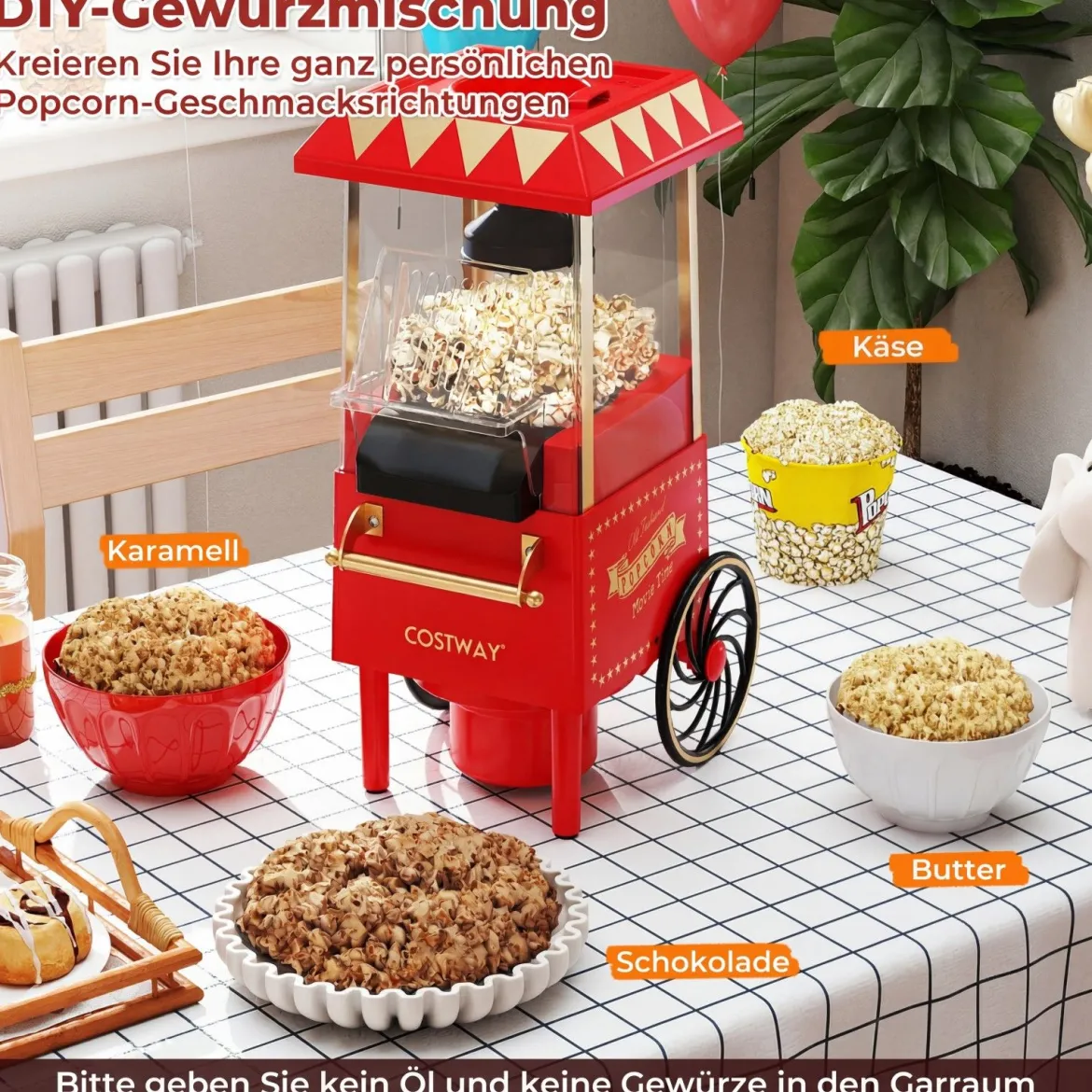 Retro Popcornmaschine 1200W Heißluft Popcorn Maker mit 67 ml Messbecher Ohne Öl Rot