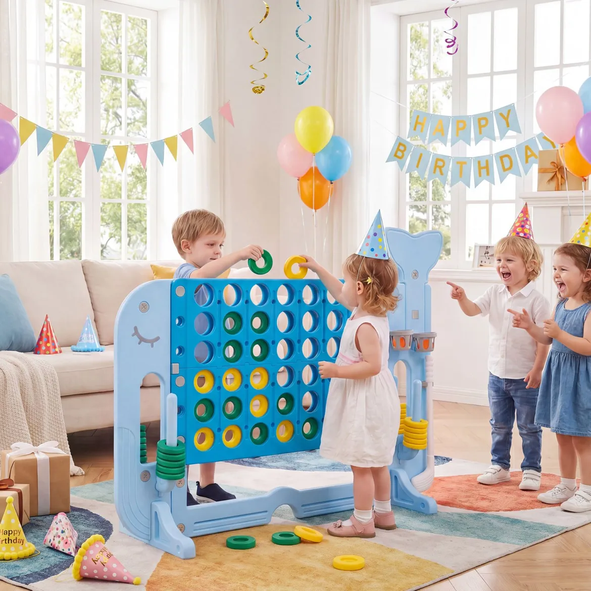 Riesiges 4 Gewinnt Spiel im Wal-Design Höhenverstellbares Kinderspielzeug mit 42 Jumbo-Ringen Blau