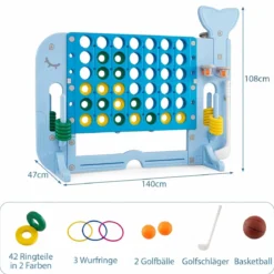 Riesiges 4 Gewinnt Spiel im Wal-Design Höhenverstellbares Kinderspielzeug mit 42 Jumbo-Ringen Blau