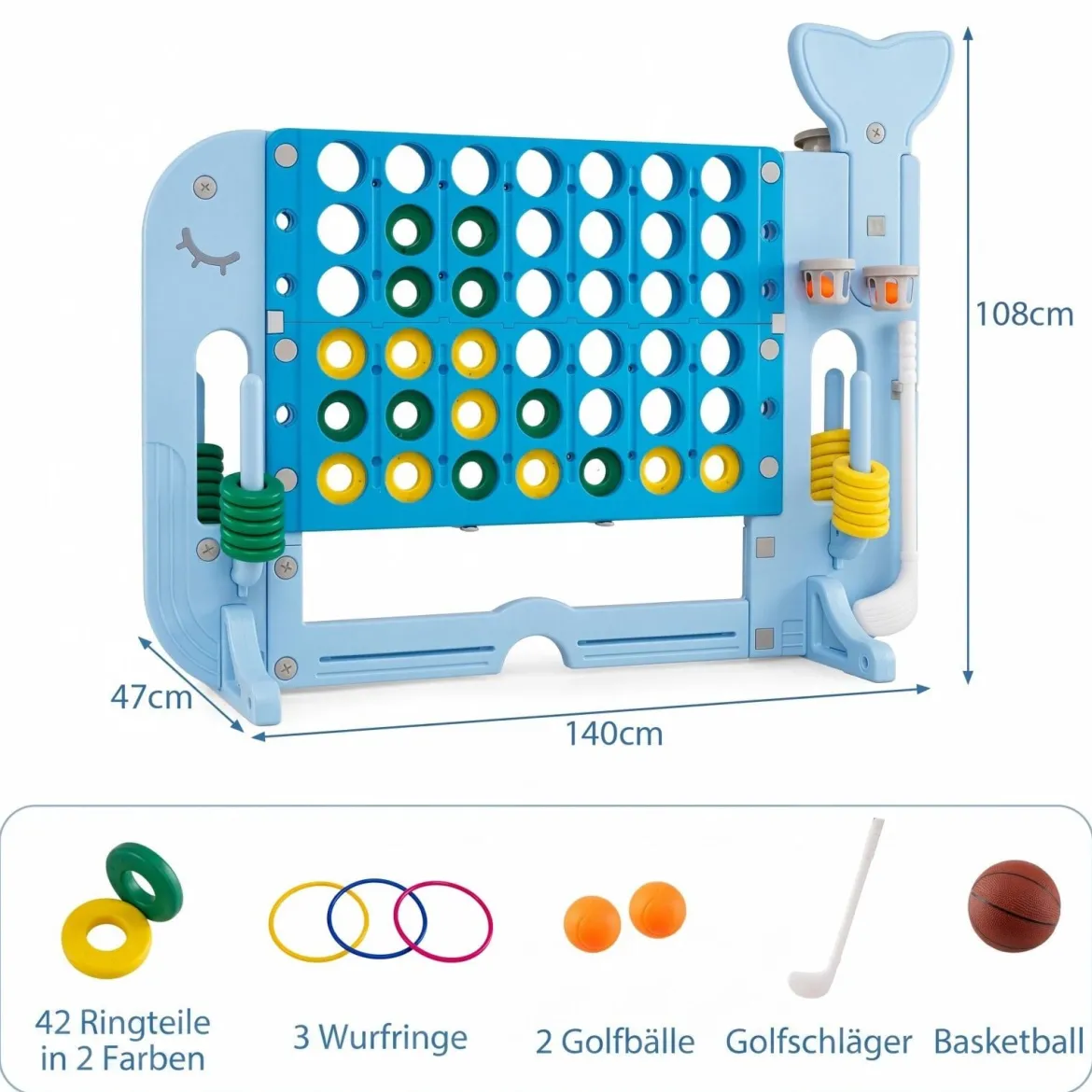 Riesiges 4 Gewinnt Spiel im Wal-Design Höhenverstellbares Kinderspielzeug mit 42 Jumbo-Ringen Blau