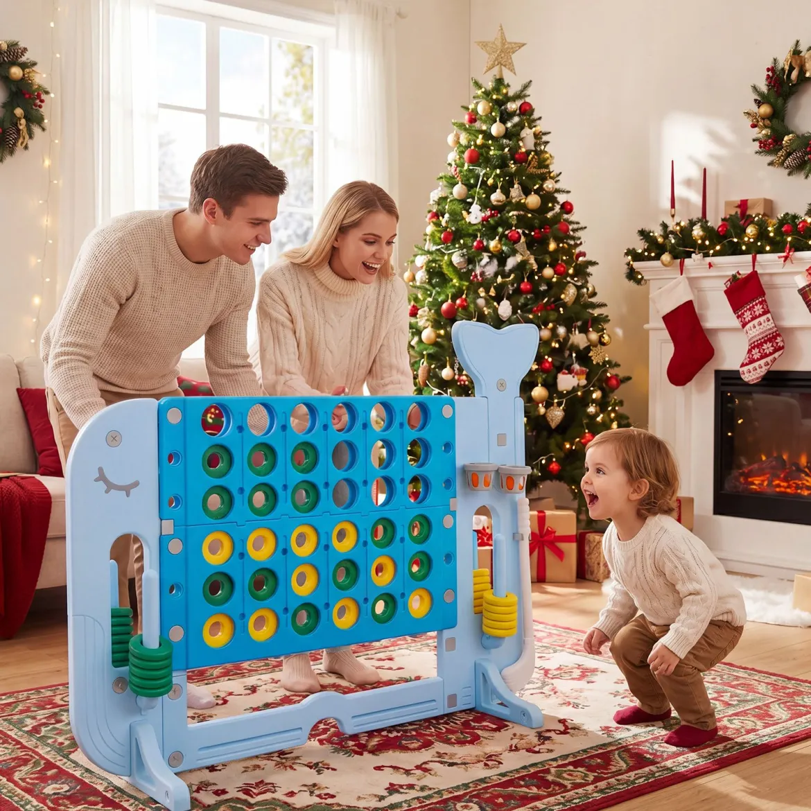 Riesiges 4 Gewinnt Spiel im Wal-Design Höhenverstellbares Kinderspielzeug mit 42 Jumbo-Ringen Blau