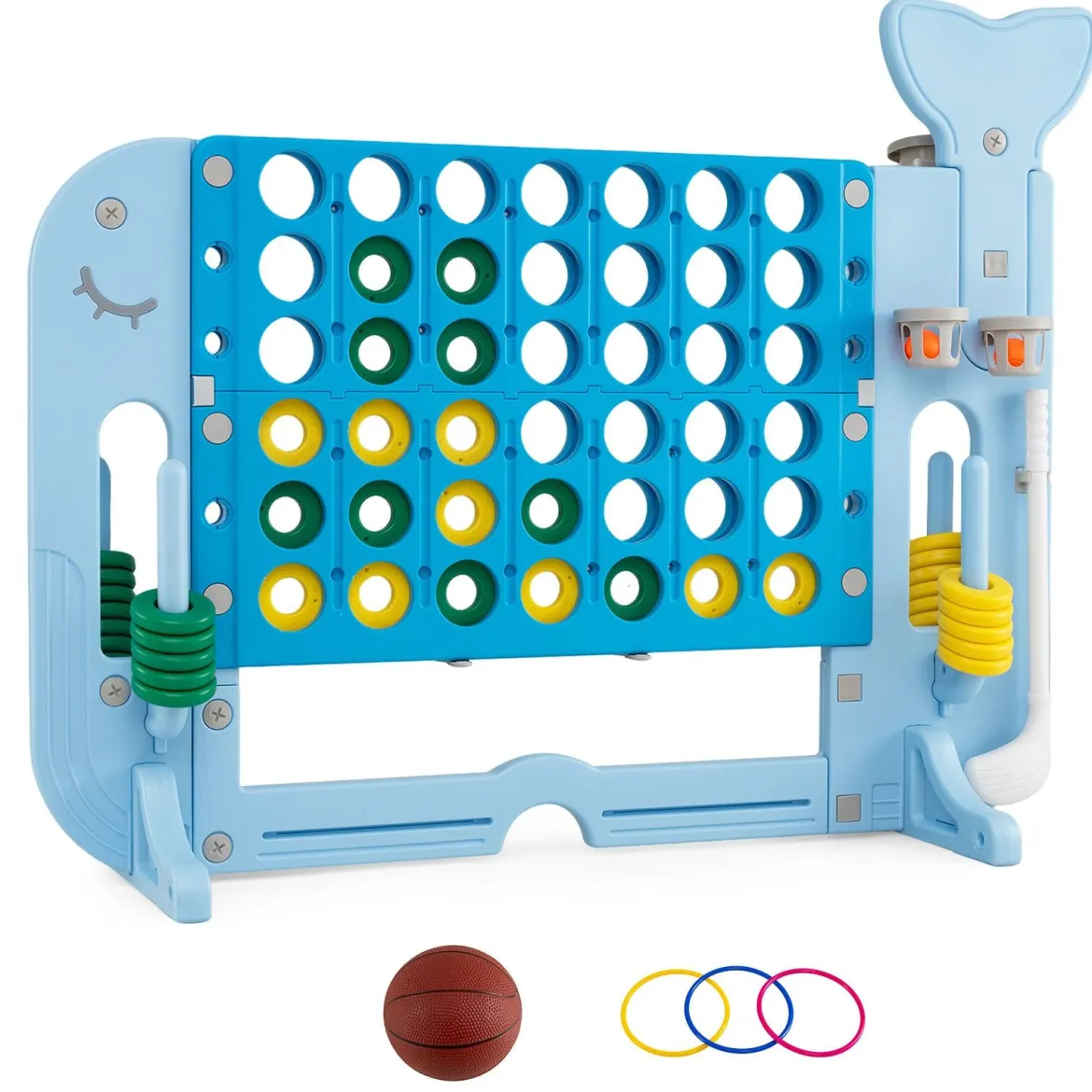 Riesiges 4 Gewinnt Spiel im Wal-Design Höhenverstellbares Kinderspielzeug mit 42 Jumbo-Ringen Blau